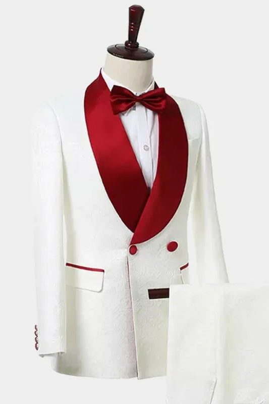 Double Breasted Jacquard White Wedding Suits With Red Shawl Lapel