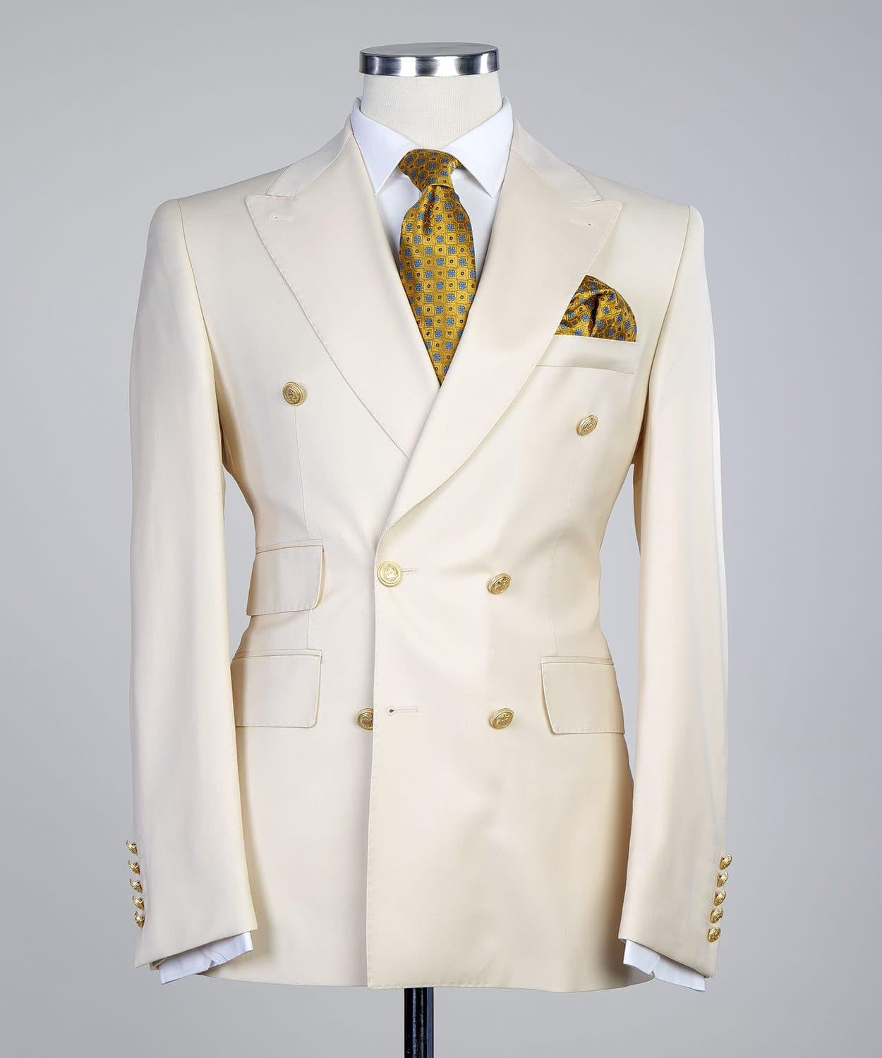 Double Breasted Stylish Peaked Lapel Men White Business Suits