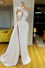 White High Split Mermaid Elegant Prom Dress Long Sleeve With Appliques