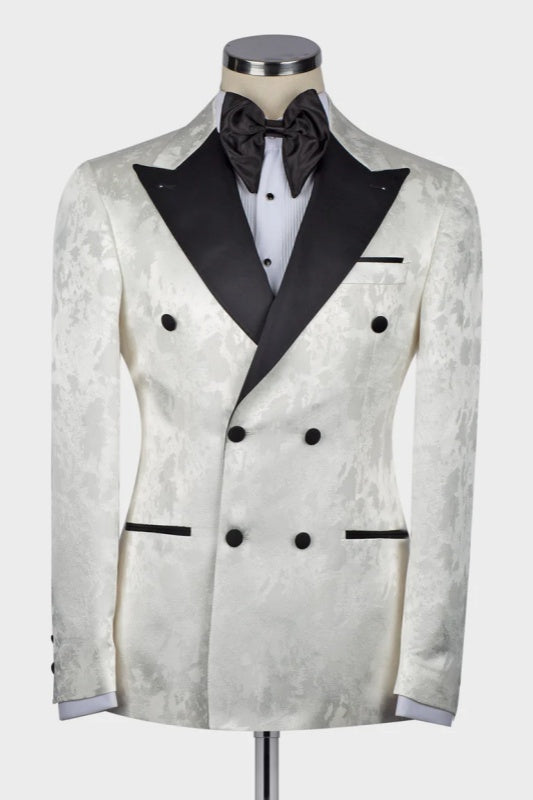 White Jacquard Double Breasted Wedding Men Suits With Black Peaked Lapel