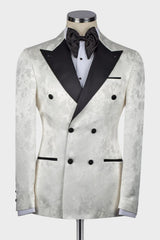 White Jacquard Double Breasted Wedding Men Suits With Black Peaked Lapel