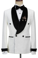 Jacquard Double Breasted White Wedding Suits With Black Velvet Lapel