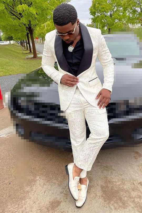 Jacquard One Button Slim Fit Fashion White Prom Suits