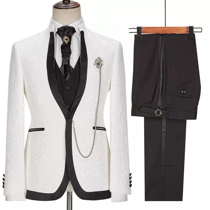 Jacquard One Button Three Pieces Slim Fit White Wedding Suits