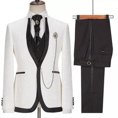 Jacquard One Button Three Pieces Slim Fit White Wedding Suits
