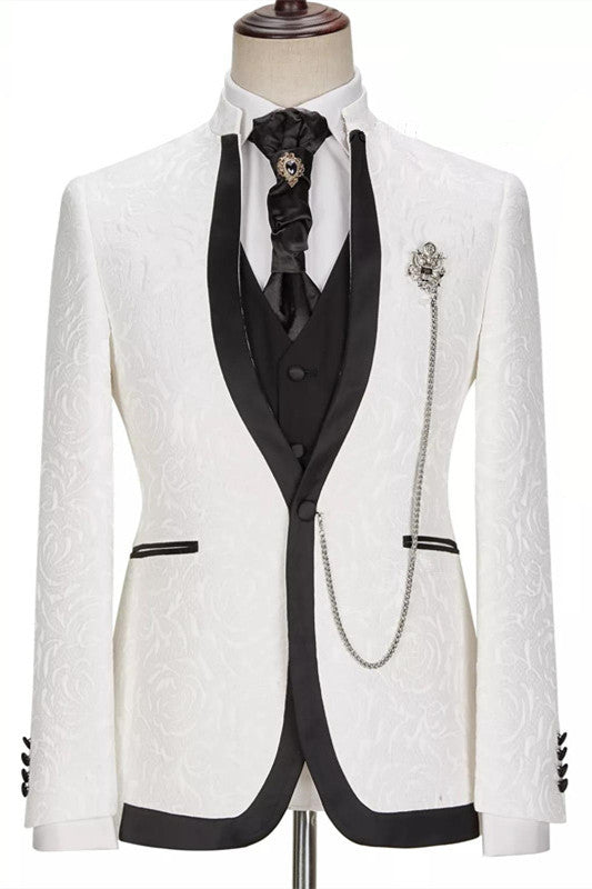 Jacquard One Button Three Pieces Slim Fit White Wedding Suits