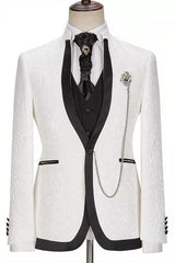 Jacquard One Button Three Pieces Slim Fit White Wedding Suits