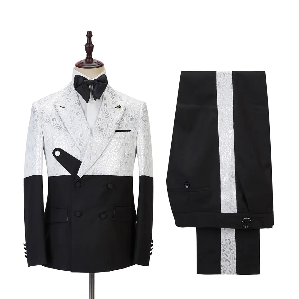 Jacquard Peaked Lapel Double Breasted White Prom Suits