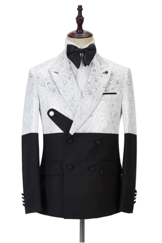 Jacquard Peaked Lapel Double Breasted White Prom Suits