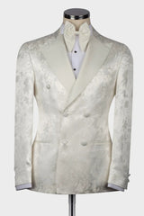 White Jacquard Peaked Lapel Double Breasted Wedding Men Suits