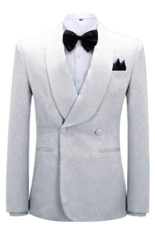 Jacquard Shawl Lapel Double Breasted White Wedding Suits