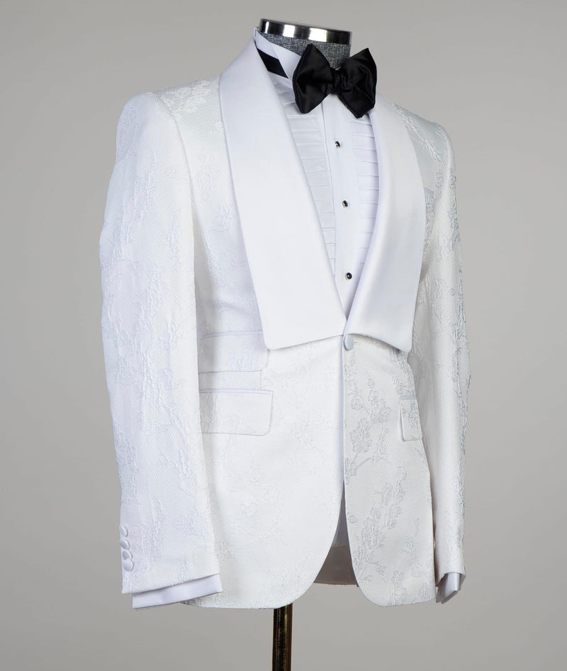 White Jacquard Shawl Lapel Three Pieces Men Suits For Wedding