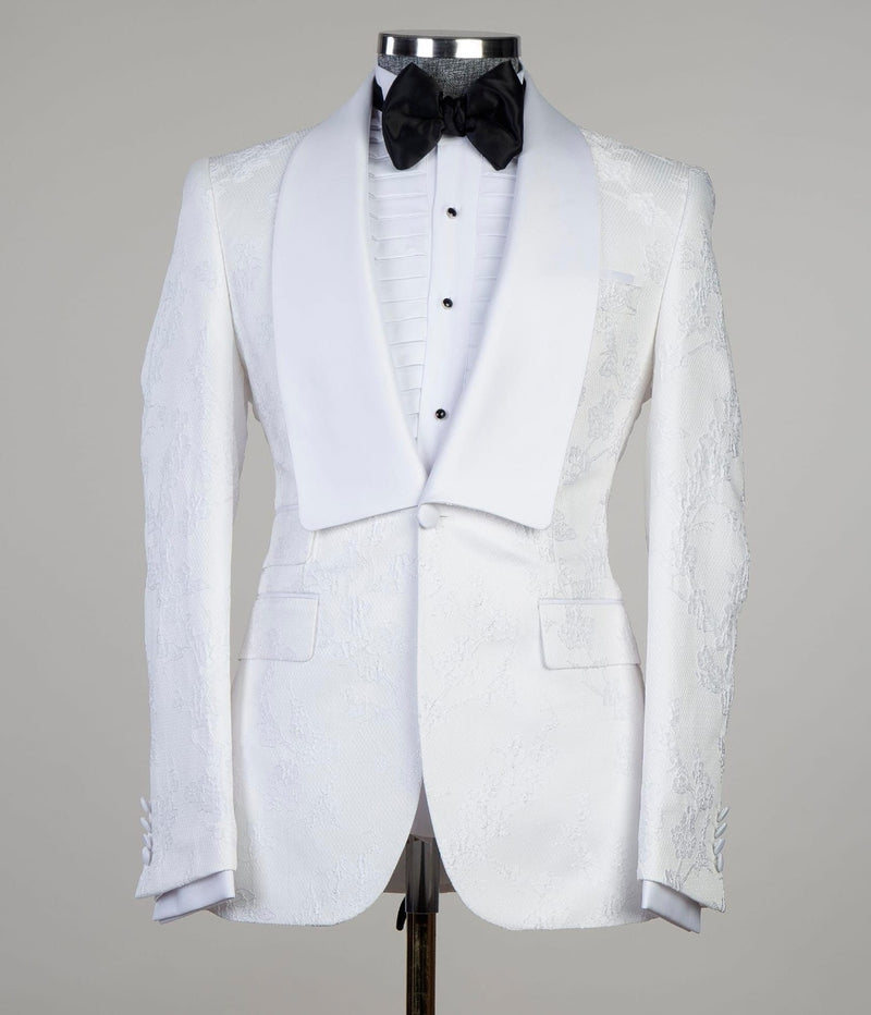 White Jacquard Shawl Lapel Three Pieces Men Suits For Wedding