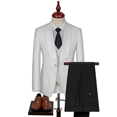 Jacquard Shawl Lapel Three Pieces White Wedding Suits