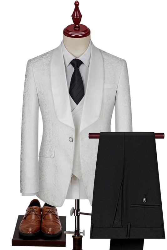 Jacquard Shawl Lapel Three Pieces White Wedding Suits