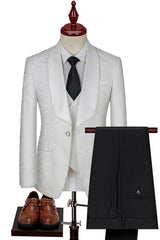 Jacquard Shawl Lapel Three Pieces White Wedding Suits
