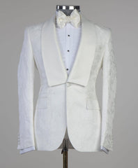 Jacquard Shawl Lapel White Wedding Suits with One Button