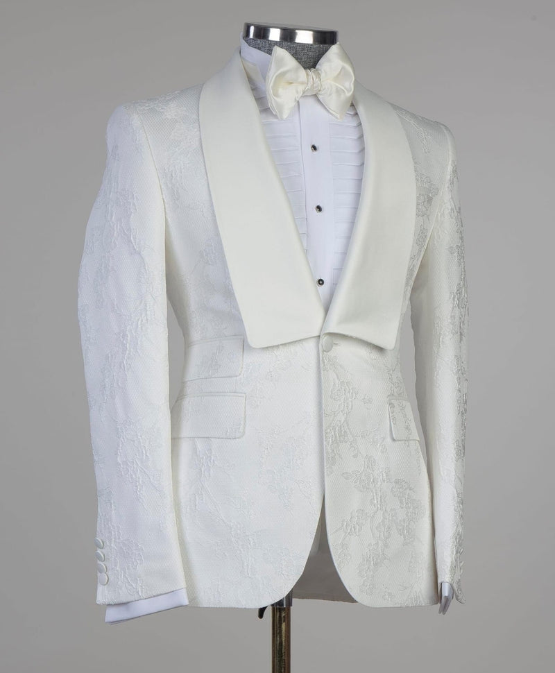 Jacquard Shawl Lapel White Wedding Suits with One Button