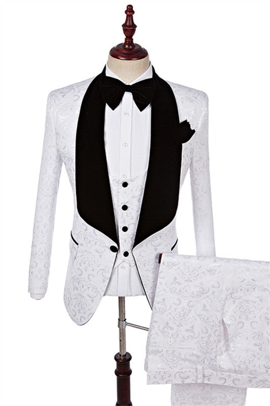 White Jacquard Three Pieces Men Suits For Wedding