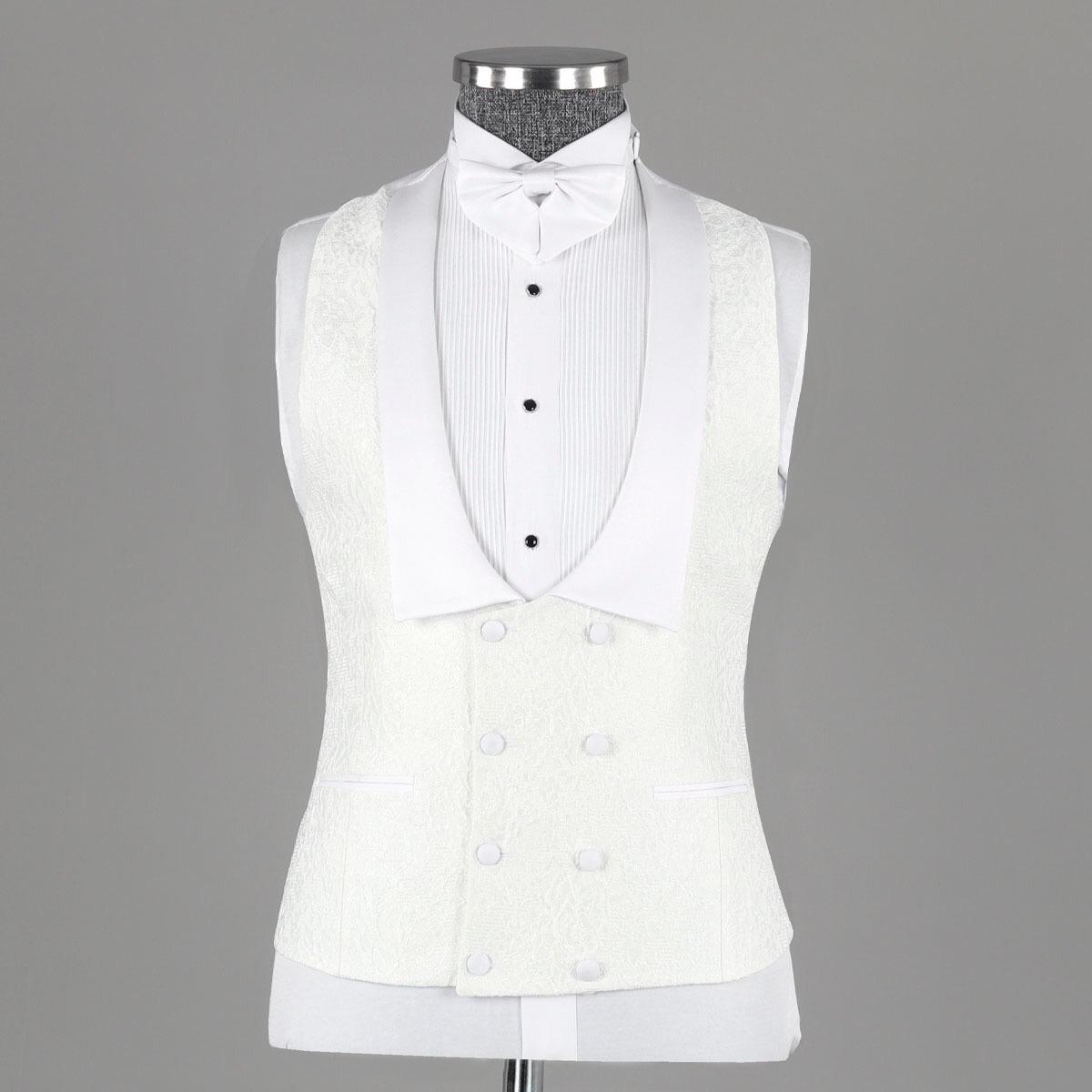 Jacquard Three Pieces Shawl Lapel Bespoke White Wedding Suits