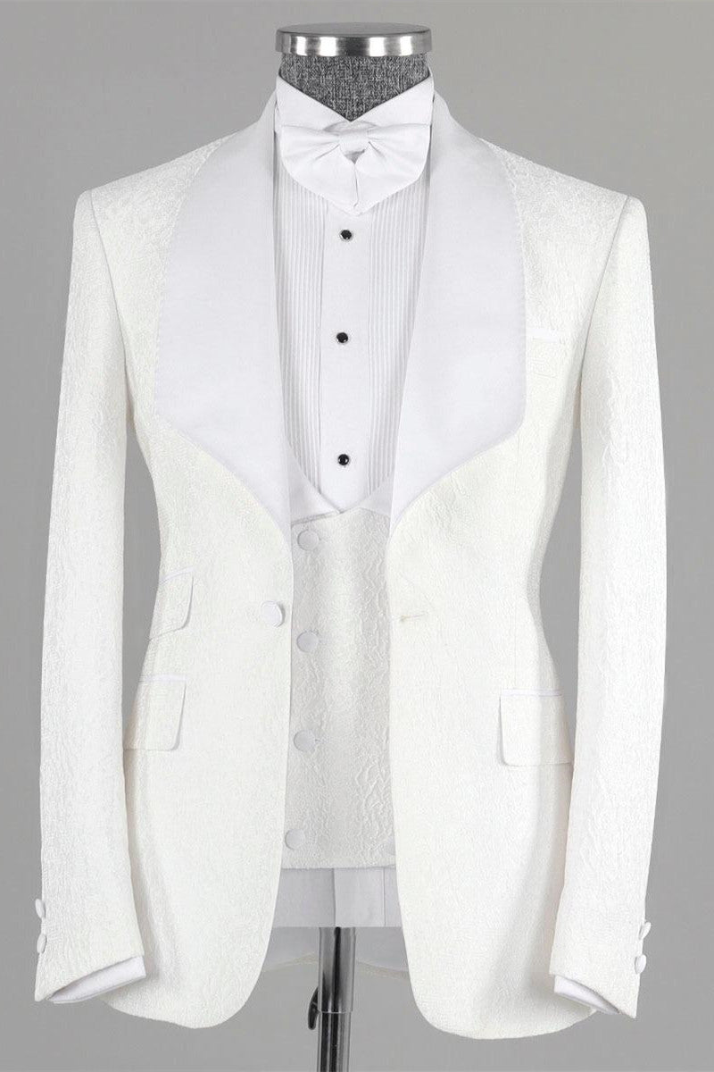 Jacquard Three Pieces Shawl Lapel Bespoke White Wedding Suits