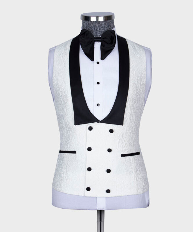 Jacquard Three Pieces White Wedding Suits With Black Shawl Lapel