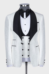 Jacquard Three Pieces White Wedding Suits With Black Shawl Lapel