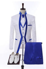 Jacquard Three Pieces White Wedding Suits With Royal Blue Lapel