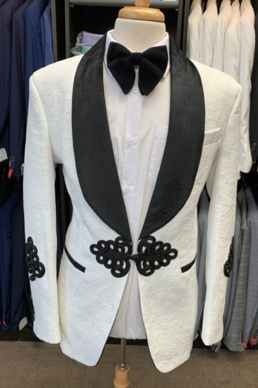 Jacquard White Wedding Suits With Black Shawl Lapel