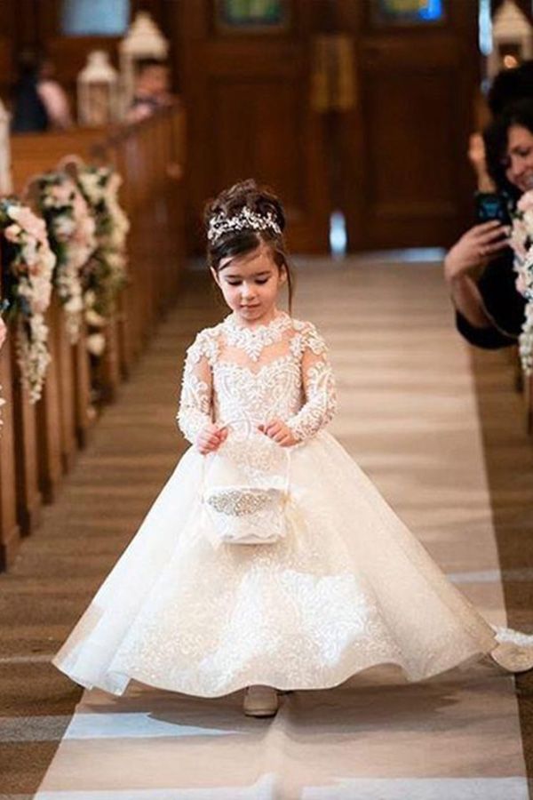 White Long A-line Lace Flower Girl Dresses With Sleeves-27dress