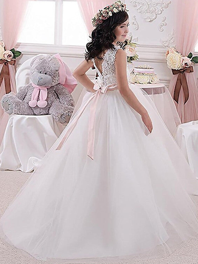 White Long Ball Gown Lace Tulle Wedding Party Flower Girl Dresses-27dress