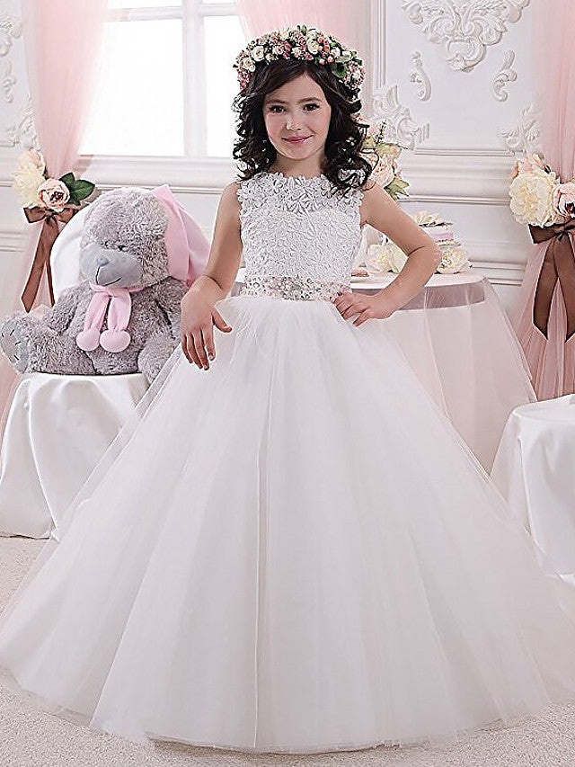 White Long Ball Gown Lace Tulle Wedding Party Flower Girl Dresses-27dress