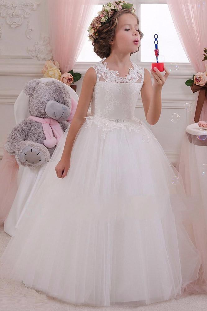 White Long Ball Gown Scoop Neck Sleeveless Tulle Flower Girl Dresses-27dress