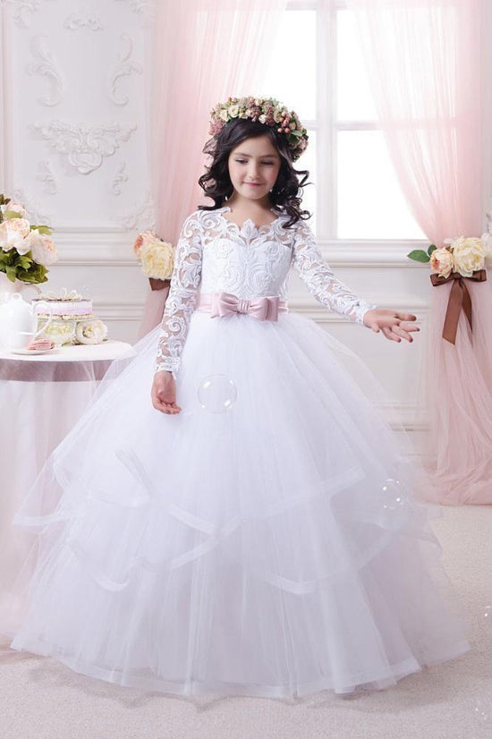 White Long Sleeves Ball Gown Scoop Neck Tulle Lace Flower Girl Dresses-27dress