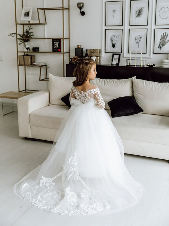 White Long Sleeves Ball Gown Tulle Lace Flower Girl Dress with Bow-27dress
