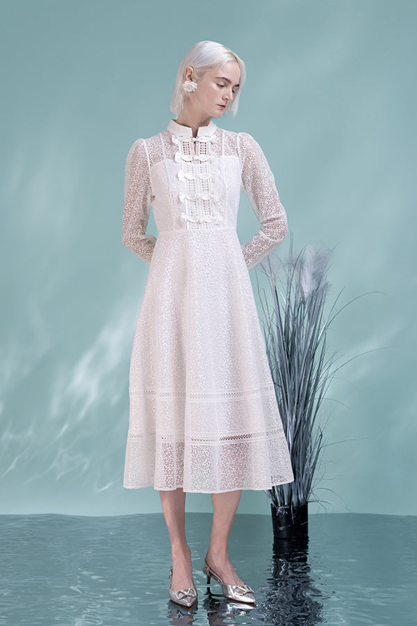 27Dress White Long Sleeves High Neck A-line Long Dresses