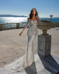 White Long Sleeves Wedding Dress Appliques Mermaid With Detachable Skirt-27dress