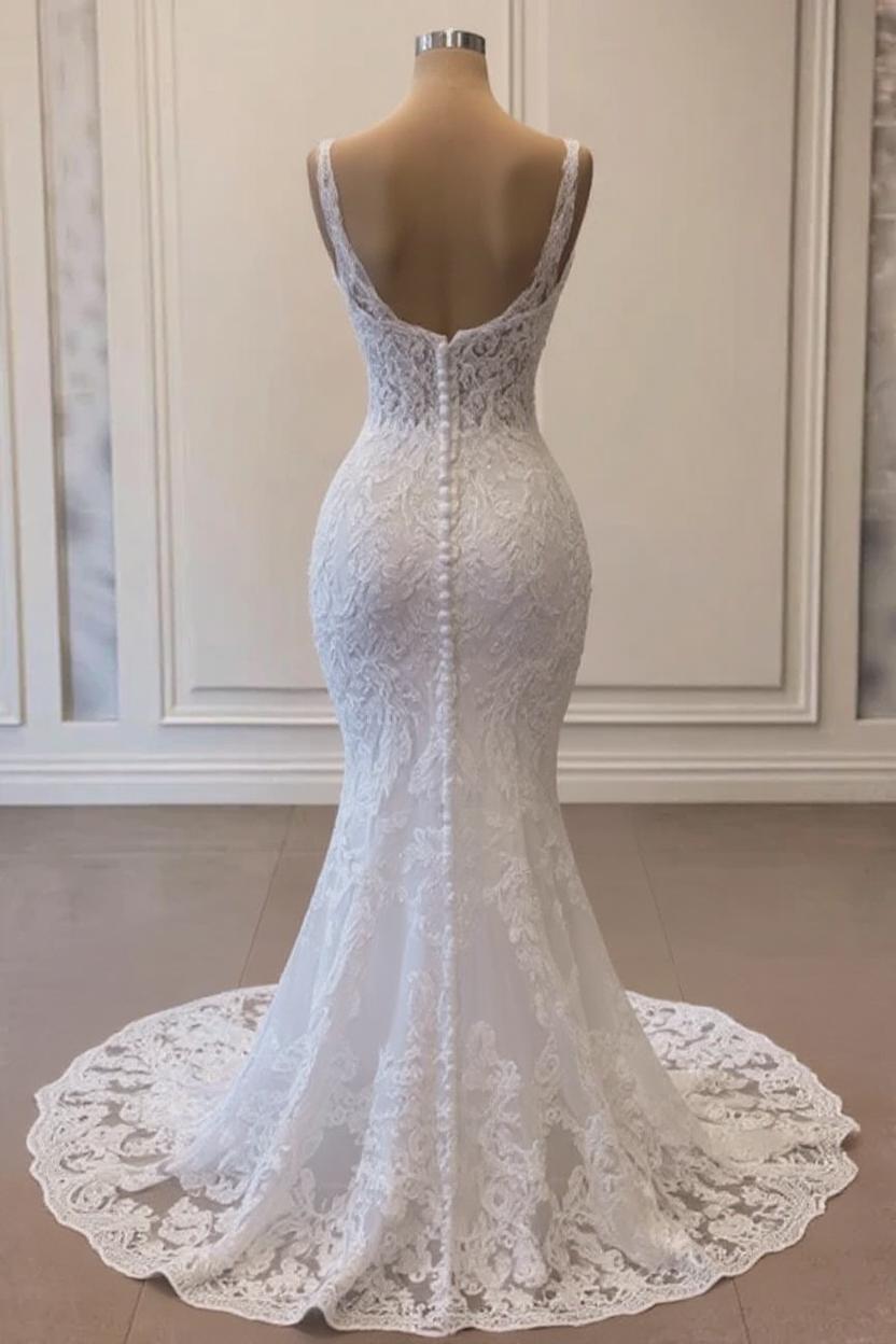 White Mermaid Spaghetti Strap Lace Tulle Wedding-Dresses with Beaded-27dress