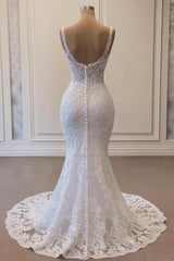 White Mermaid Spaghetti Strap Lace Tulle Wedding-Dresses with Beaded-27dress