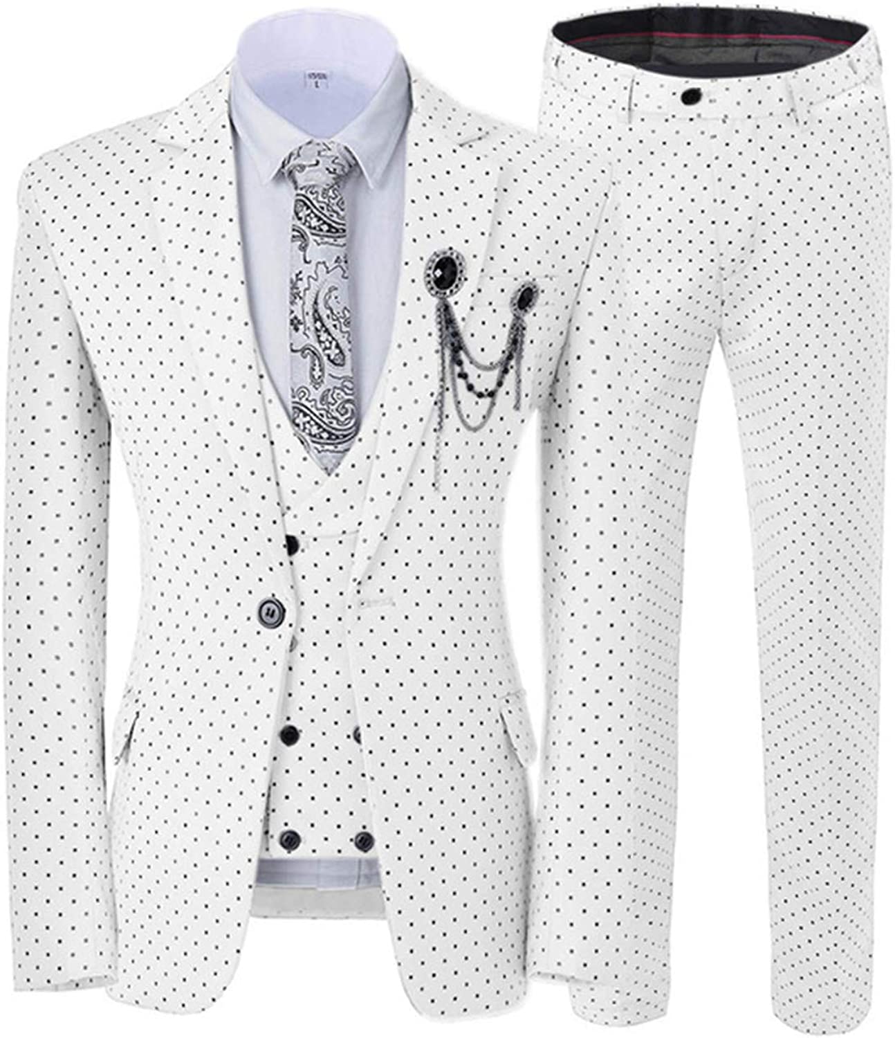 Notched Lapel Three Pieces White Prom Suits With Black Dot
