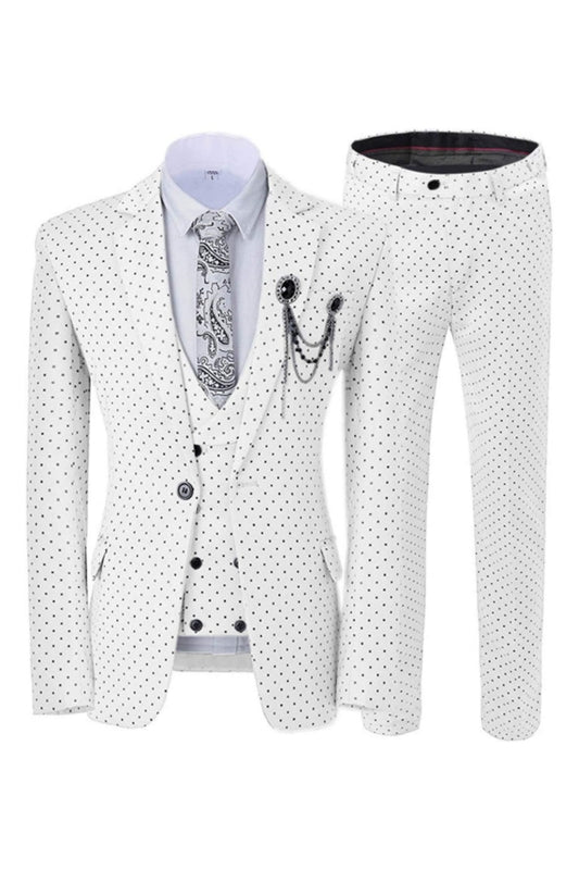 Notched Lapel Three Pieces White Prom Suits With Black Dot