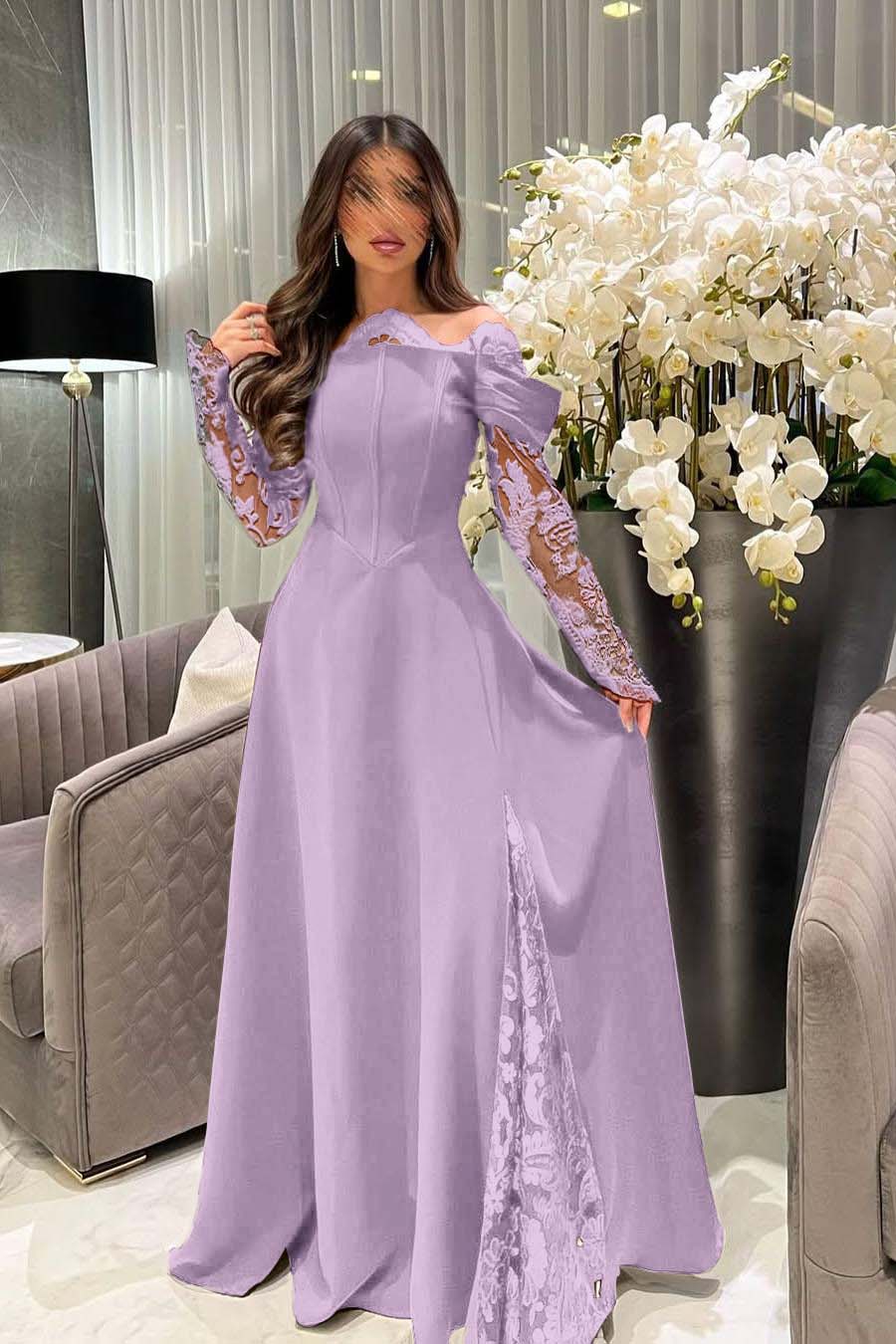 White Off the Shoulder Long Sleeves Long Prom Dress With Appliques