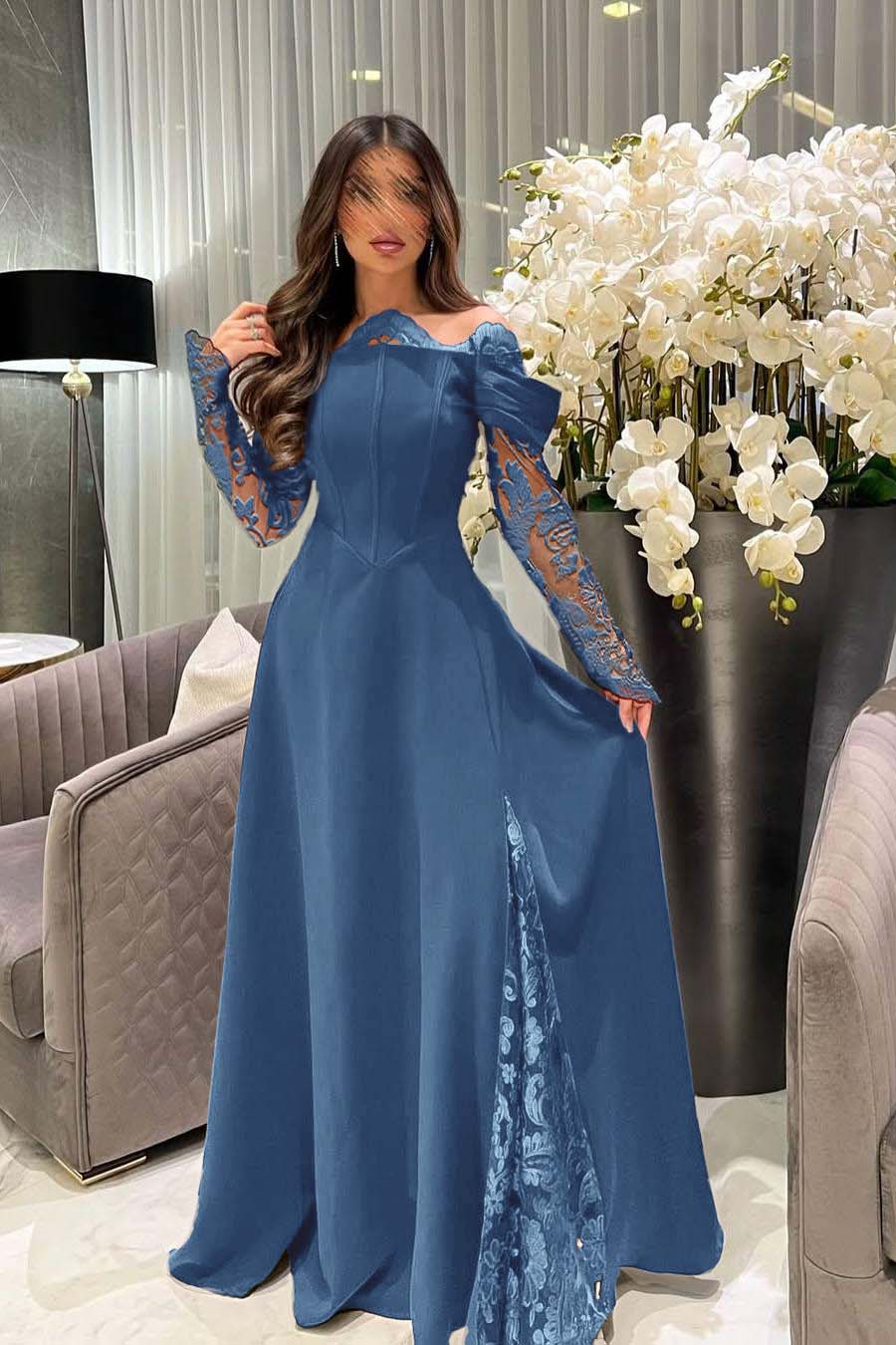 White Off the Shoulder Long Sleeves Long Prom Dress With Appliques