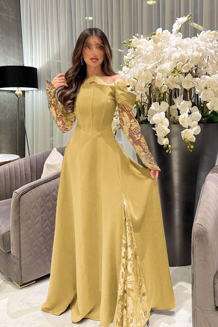 White Off the Shoulder Long Sleeves Long Prom Dress With Appliques