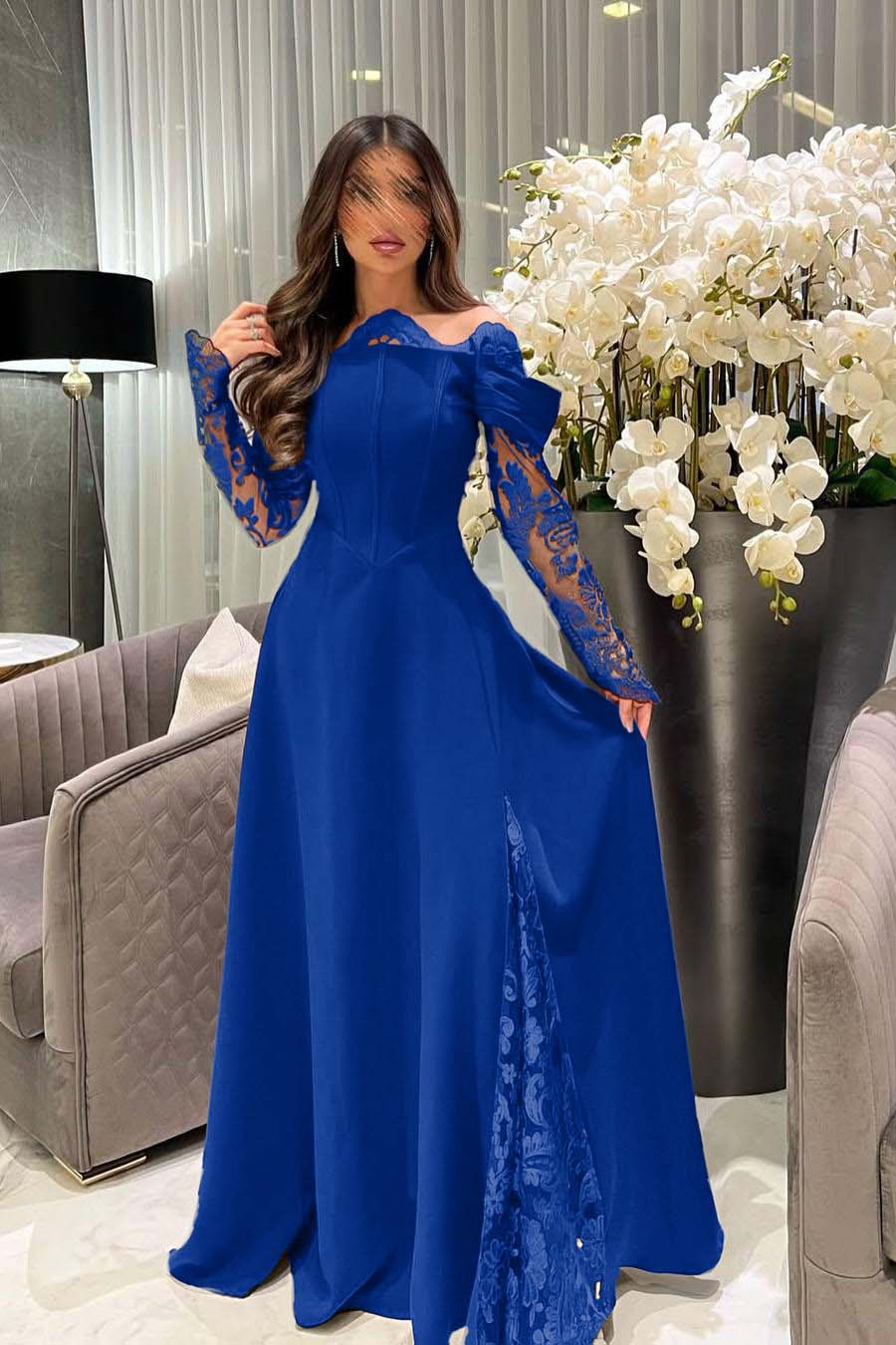 White Off the Shoulder Long Sleeves Long Prom Dress With Appliques