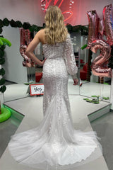 White One Shoulder Long Sleeve Appliques Long Prom Dress with Slit