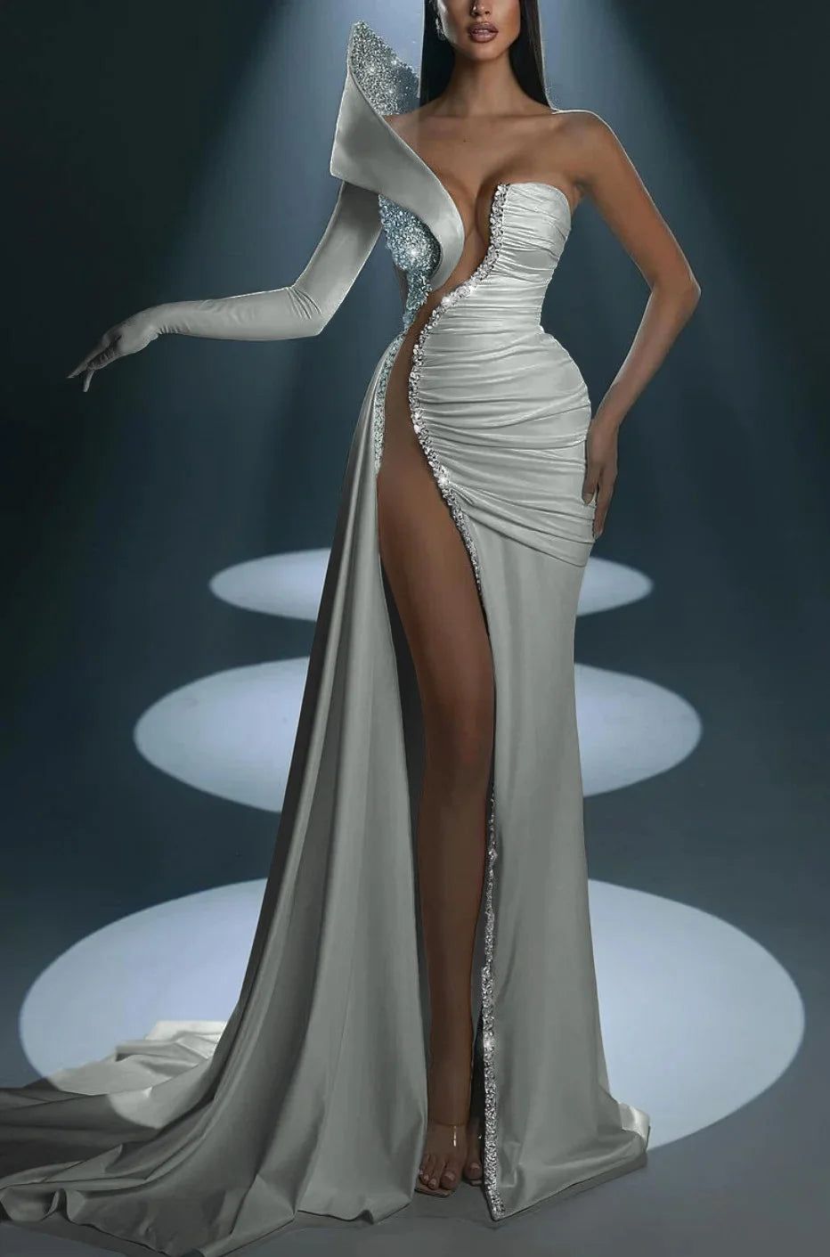 White Prom Dress With Gloves Long Mermaid One Shoulder With High Slit