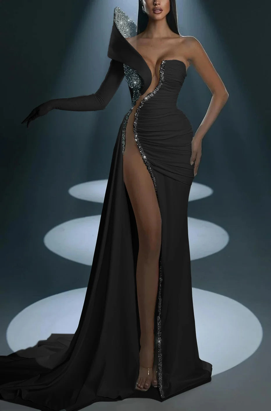 White Prom Dress With Gloves Long Mermaid One Shoulder With High Slit