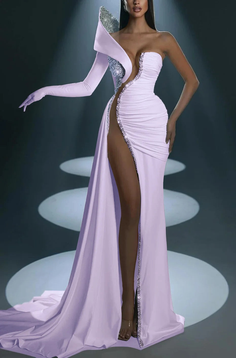 White Prom Dress With Gloves Long Mermaid One Shoulder With High Slit