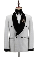 Sequins Double Breasted White Wedding Suits With Black Velvet Lapel